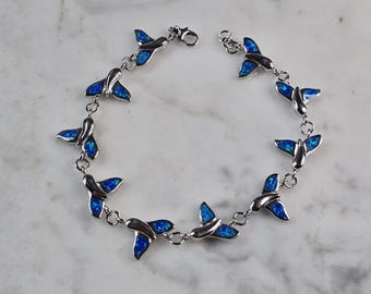 Womens Sterling Silver Blue Opal Whale Tail Ocean Bracelet 11.9g E4190