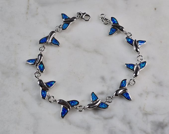 Womens Sterling Silver Blue Opal Whale Tail Ocean Bracelet 11.9g E4190