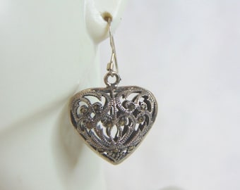 Womens Vintage Estate Sterling Silver Dangle Heart Earrings 10.2g E5708