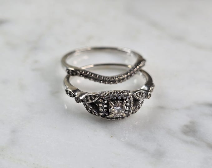 Womens Vintage Estate 10K White Gold Diamond Ring Set 3.7g, E4911