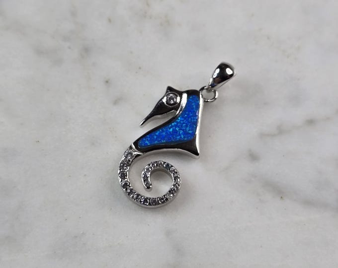 Womens Sterling Silver Blue Opal Seahorse Pendant 2.7g E2316