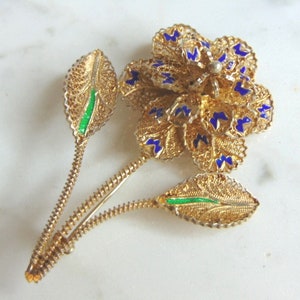 Puede incluir: Un broche de flor de filigrana de plata con acentos de esmalte azul y verde. La flor tiene un diseño delicado e intrincado y está unida a un alfiler.