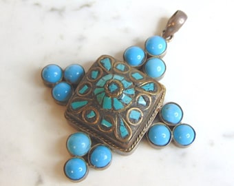 Womens Vintage Estate Sterling Silver Turquoise Southwestern Pendant 35.8g E659