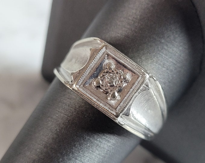 Mens Vintage Estate 10K White Gold Diamond Ring 5.1g E6969