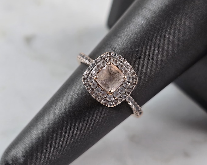 Womens Vintage Estate 10k Rose Gold Pink Quartz Diamond Ring 2.2g E4919