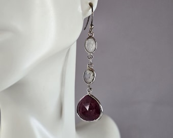 Womens Vintage Estate Sterling Silver Natural Ruby Moonstone Earrings 6.3g E1324