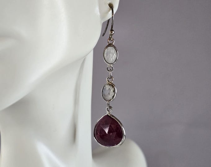 Womens Vintage Estate Sterling Silver Natural Ruby Moonstone Earrings 6.3g E1324