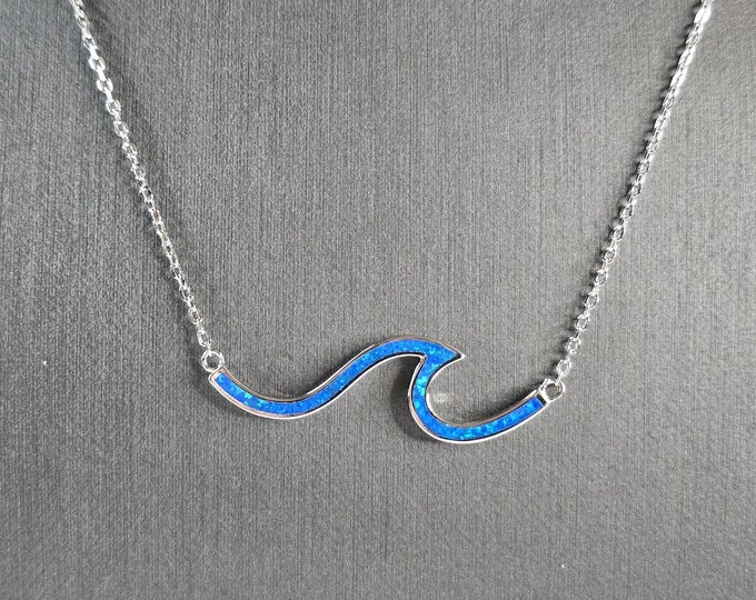 Womens Sterling Silver Blue Opal Tsunami Wave Pendant Necklace 4.0g E839