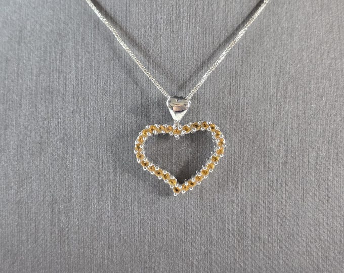 Womens Vintage Estate Sterling Silver Citrine Heart Pendant Necklace 4.9g E7998