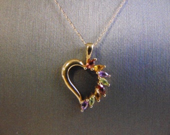 Womens Vintage Estate 14K Gold Multi Stone Heart Pendant w/ Necklace 2.3g E2263