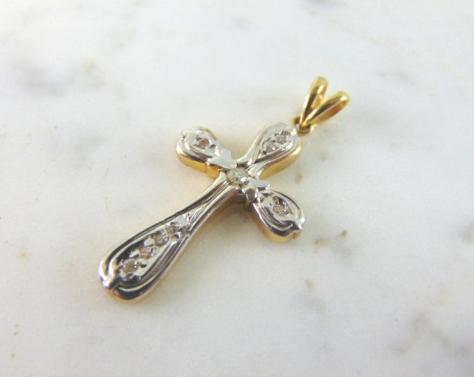 Vintage Estate 14K Yellow & White Gold Diamond Cross Pendant, 3.7g E4117