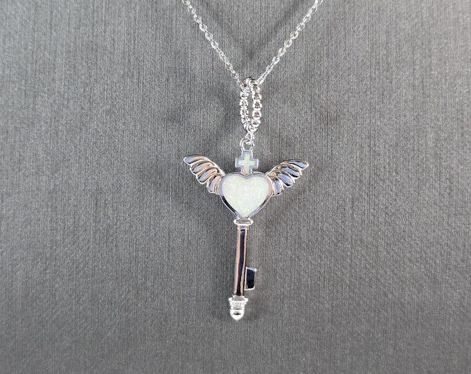 Womens Sterling Silver Opal Winged Cross Heart Pendant Necklace 5.0g E3476