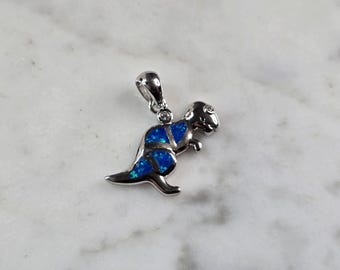Womens Sterling Silver Blue Opal T REX Dinosaur Pendant 2.6g E6112