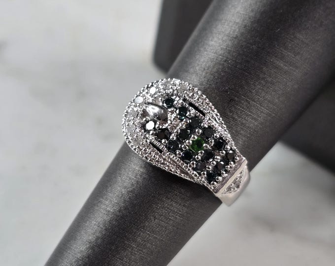 Womens Vintage Estate 10K White Gold Diamond Sapphire Buckle Ring 3.5g E1246