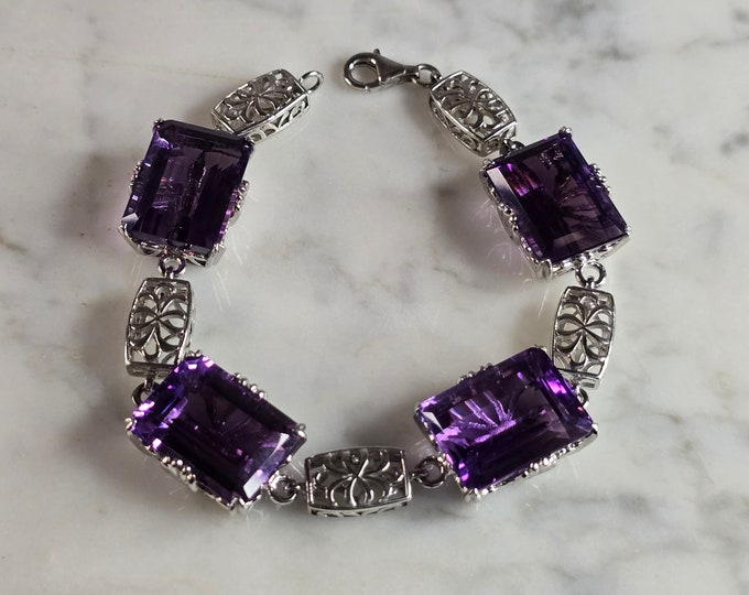 Womens Vintage Estate Sterling Silver Amethyst Bracelet 30.6g E7765