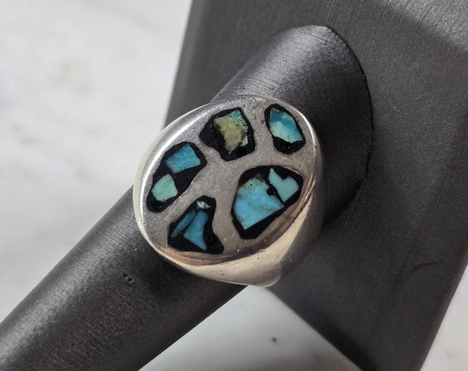 Mens Vintage Estate Sterling Silver Mosaic Turquoise Ring 12.7g E1101
