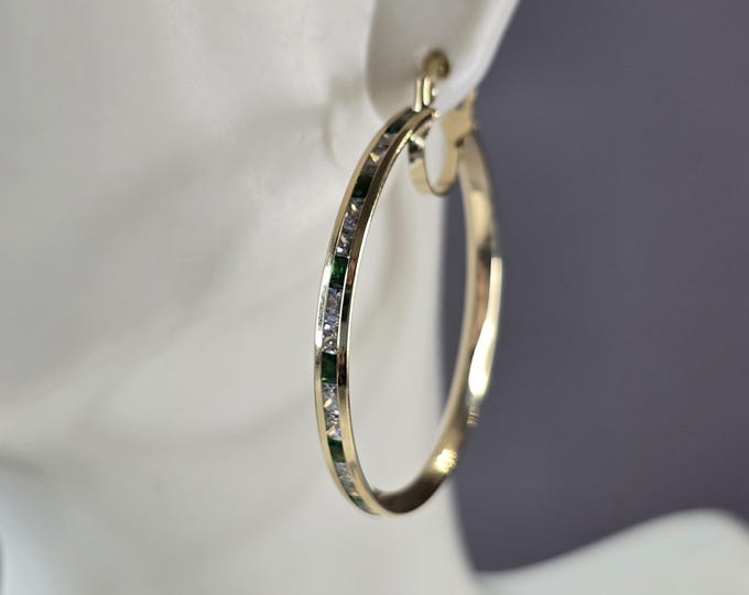 Womens 14K Yellow Gold Emerald & CZ Hoop Earrings, 4.5g E3764