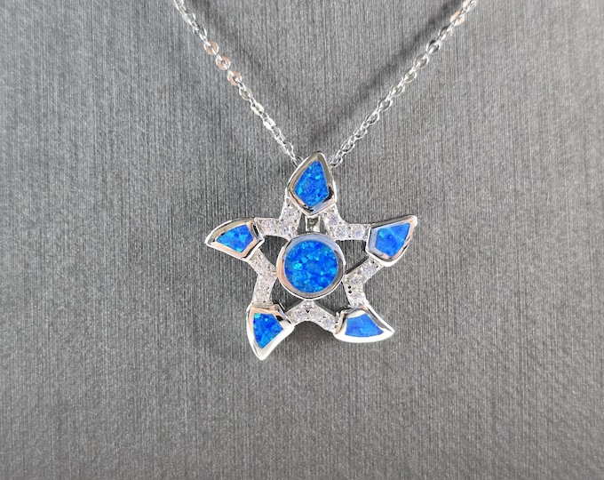 Womens Sterling Silver Starfish Blue Opal Pendant Necklace 5.0g E3888