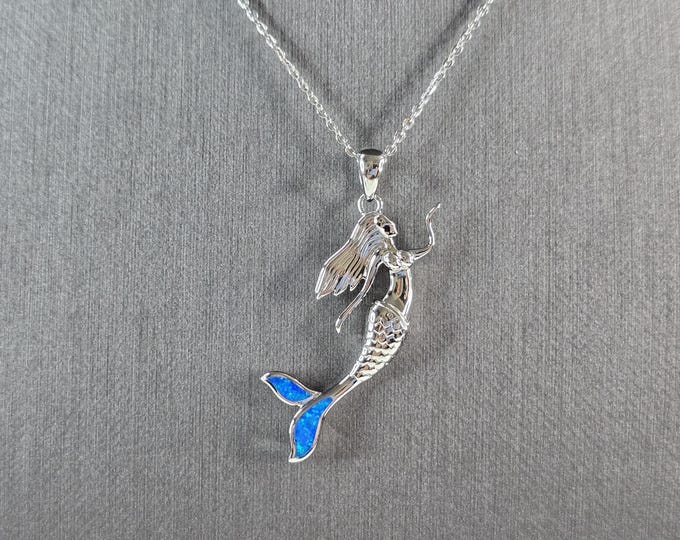 Womens Sterling Silver Blue Opal Mermaid Pendant Necklace 6.0g E3642
