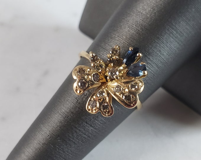 Womens Vintage Estate 14K Gold Diamond & Sapphire Floral Ring 3.5g E2551