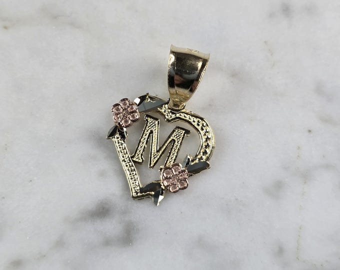 Womens 10K Yellow & Rose Gold Initial Letter " M "  Heart Pendant 0.9g E7142