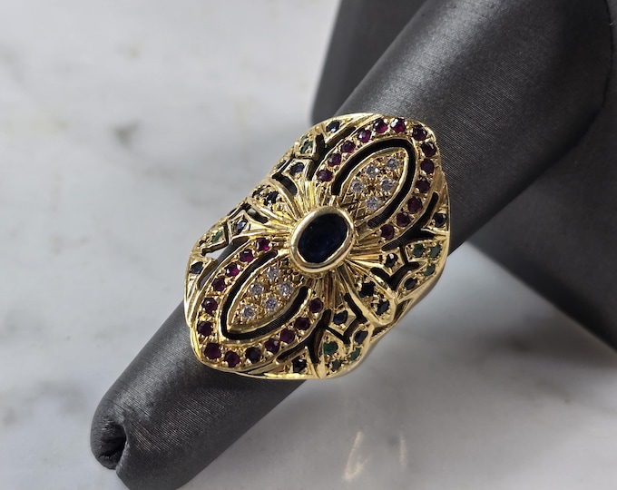 Womens Vintage Estate 18k Yellow Gold Multi Stone Ring 10.5g E1467