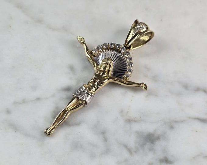 Vintage Estate 14K Gold & CZ Religious Jesus on Cross Pendant 8.2g E858