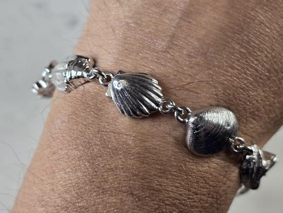 Womens Vintage Estate Sterling Silver Seashell Link Bracelet 25.9g