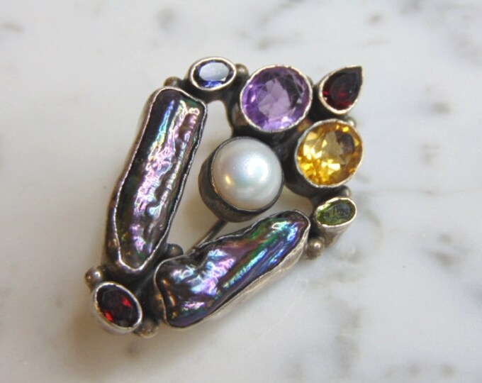 Womens Vintage Estate Sterling Silver Multi Stone Brooch 17.5g E5100