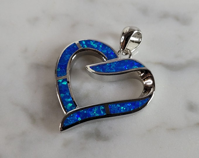 Womens Sterling Silver Blue Opal Heart Pendant 4.0g E780