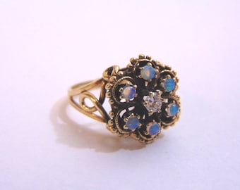 Unique Women's Vintage Estate 14k Gold Opal & Diamond Ring 4.0g E3832