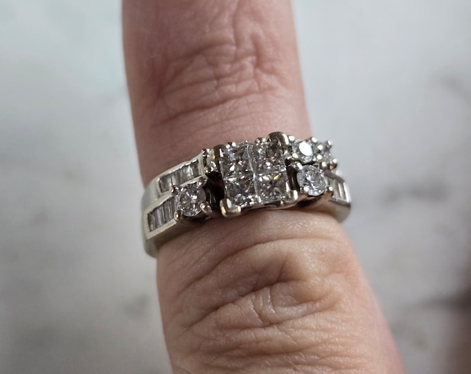Womens Vintage Estate 14k White Gold Diamond Engagement Ring Set 2.8g E6511