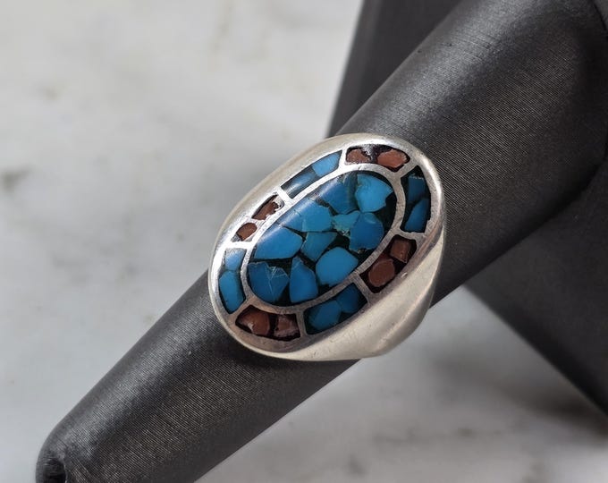 Vintage Estate Sterling Silver Southwestern Turquoise Coral Ring 8.8g E5559