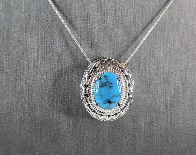 Womens Vintage Estate Sterling Silver Turquoise Pendant & Necklace 9.9g E1597