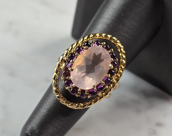 Womens Sterling Silver Gold Tone Pink Quartz Amethyst Ring, 8.9g E1420