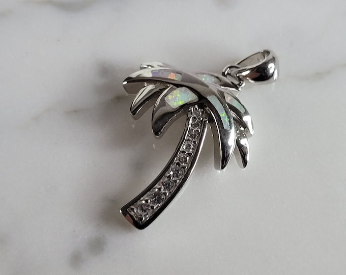 Womens Sterling Silver Opal Beach Palm Tree Pendant 3.3g E2885