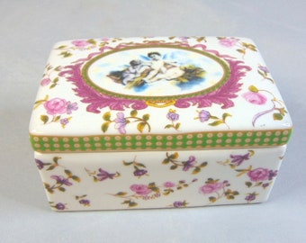 Decorative Porcelain Floral Cupid Vanity Trinket Box