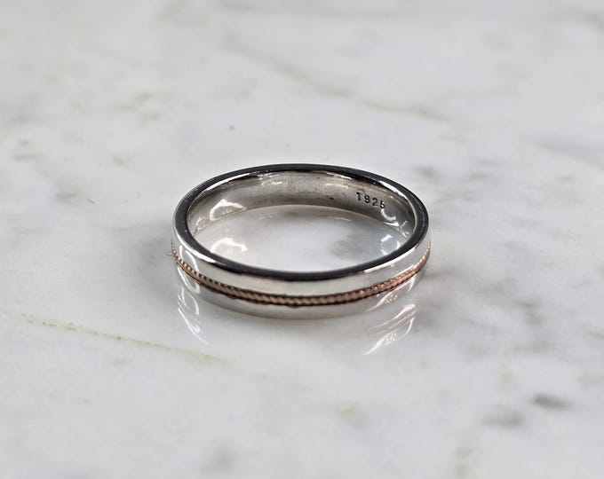 Mens Sterling Silver Rose Gold Tone Wedding Band Ring 5.5g E2338