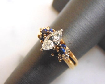 Womens Vintage Estate 14K Gold Marquise Diamond Sapphire Ring 5.1g  #E3592