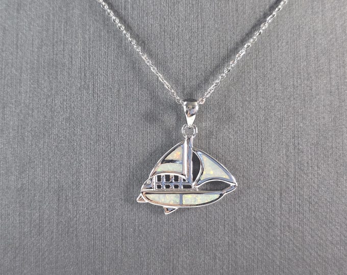 Womens Sterling Silver Opal Sailboat Pendant Necklace 5.0g E4658