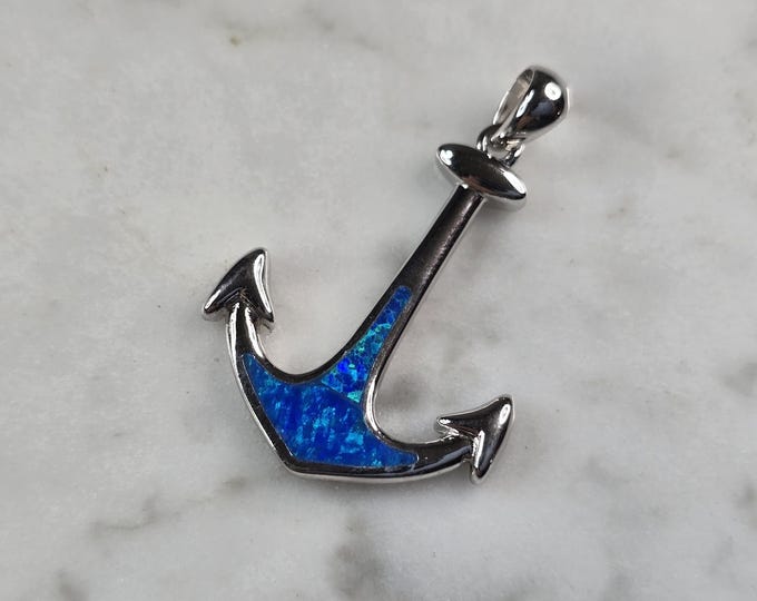 Womens Sterling Silver Blue Opal Maritime Anchor Pendant 3.0g E3885