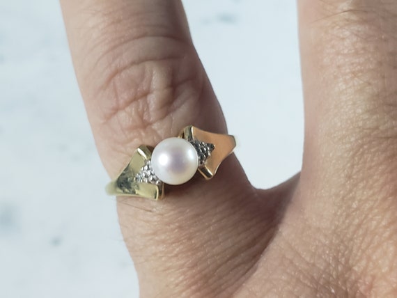 Womens Vintage Estate 10k Gold Pearl Diamond Ring… - image 5