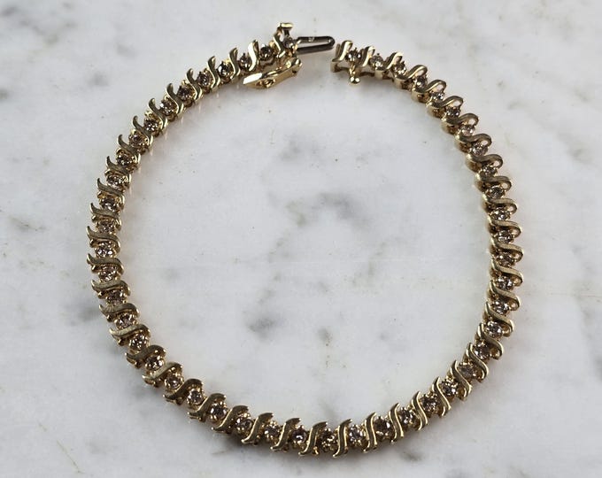 Womens Vintage Estate 10K Gold Diamond Tennis Bracelet 8.3g E6837