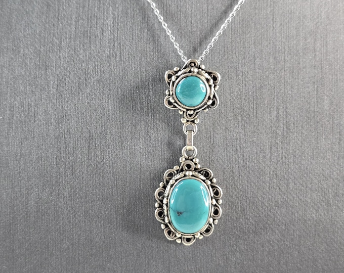 Womens Vintage Estate Sterling Silver Turquoise Pendant & Necklace 11.8g E3329