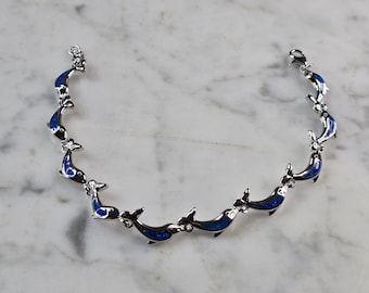 Womens Sterling Silver Blue Opal Dolphin Ocean Bracelet 10.9g E4189