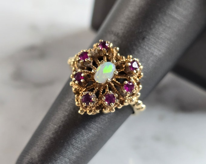 Womens Vintage Estate 10K Yellow Gold Opal Amethyst Heart Ring 3.7g E6017