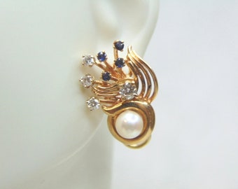 Womens Vintage Estate 14K Gold Diamond Sapphire Earrings, 10.1g E1788