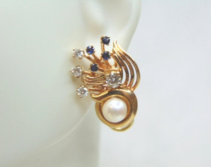 Womens Vintage Estate 14K Gold Diamond Sapphire Earrings, 10.1g E1788