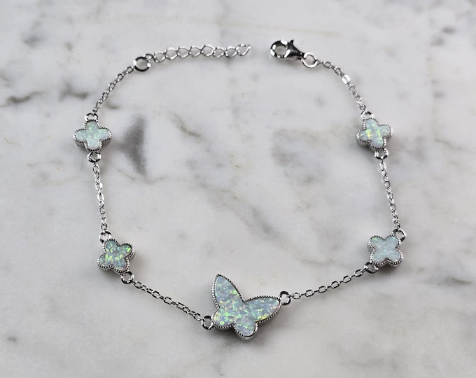 Womens Sterling Silver Opal Butterfly Charm Bracelet 5.3g E3131