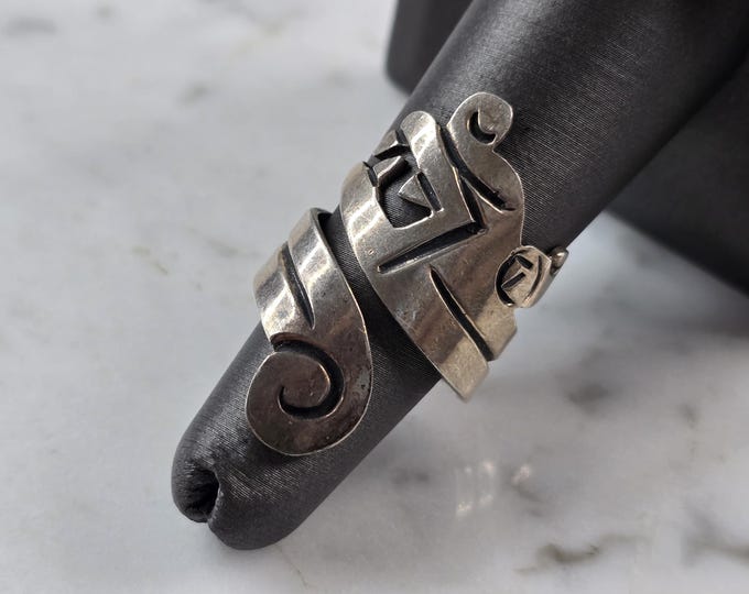 Womens Vintage Estate Sterling Silver Mayan Aztec Dragon Serpent Ring 6.5g E6815